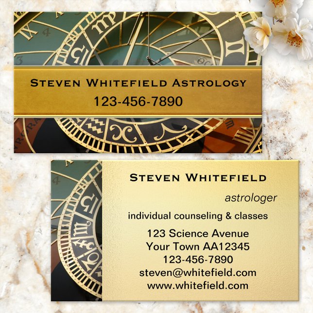 Berufliche Astrologer-Visitenkarte Visitenkarte (Professional business card for an astrologer featuring an image of the astrological clock.)