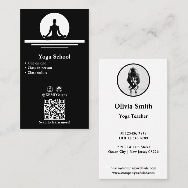 Berufliche Black & White Yoga Business Card Treuekarte (Vorne/Hinten)