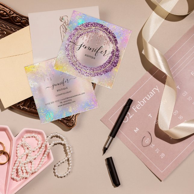 Berufliche Boutique Shop Glitzer Berry Holograph Quadratische Visitenkarte (Professional Boutique Shop Glitter Berry Holograph Square Business Card)