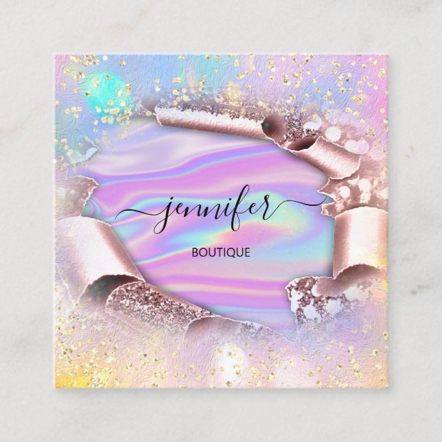 Berufliche Boutique Shop Name Holograph Rose Quadratische Visitenkarte (Vorderseite)