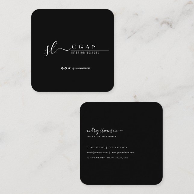 Berufliche Chic-Signatur Schwarz/Weiß Quadratische Visitenkarte (Vorne/Hinten)