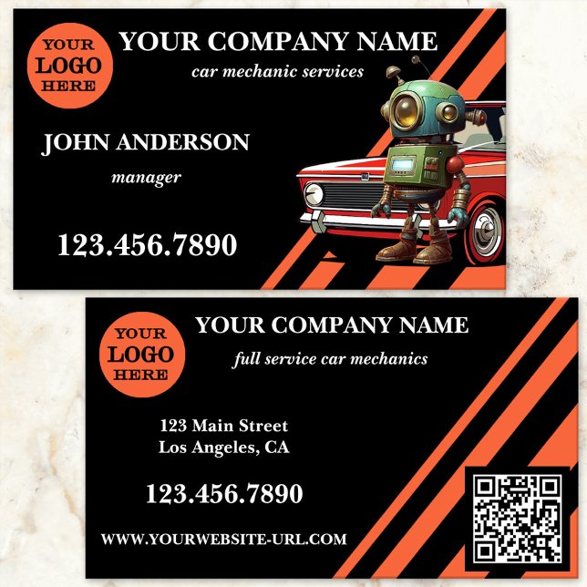 Berufliche Dienstleistungen von Kraftfahrzeugen Visitenkarte (Car mechanic repair business card showing an eye-catching design in black and orange - with QR code)