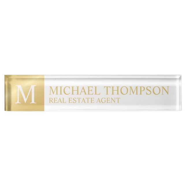 Berufliche Elegant White and Gold Namensplakette (Vorderseite)