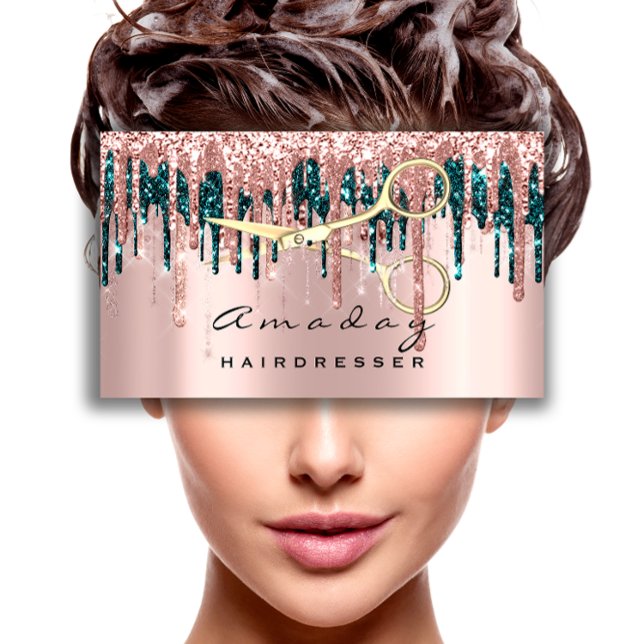 Berufliche Friseurschere Rose Aquamarin Gold Visitenkarte (Professional Hairdresser Scissors Rose Teal Gold Business Card)