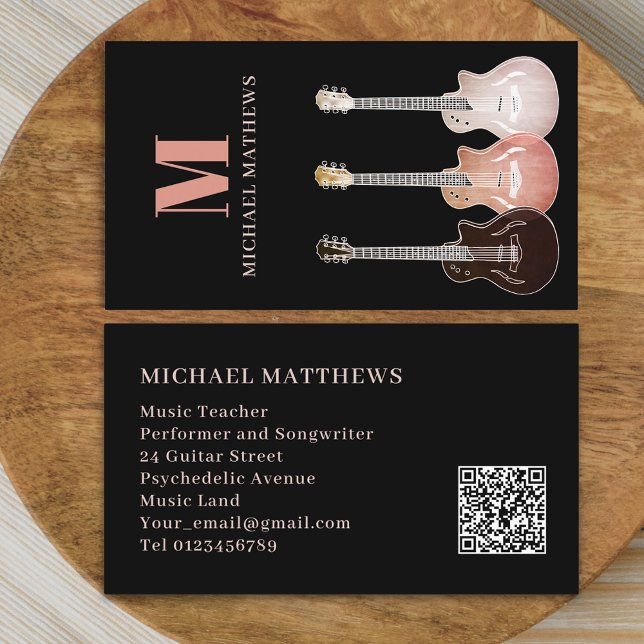 Berufliche Gitarre-Musiker Custom QR Code Visitenkarte (Modern guitar teacher professional musician qr code Business card Rustic country music electric )