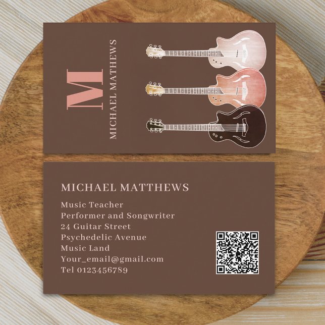 Berufliche Gitarre-Musiker Custom QR Code Visitenkarte (Simple Rustic guitar teacher professional musician qr code Business card)