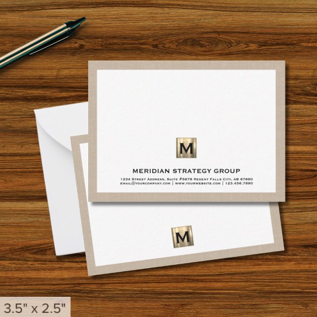Berufliche Gold Monogram Note Card Leinengrenze Mitteilungskarte (Von Creator hochgeladen)