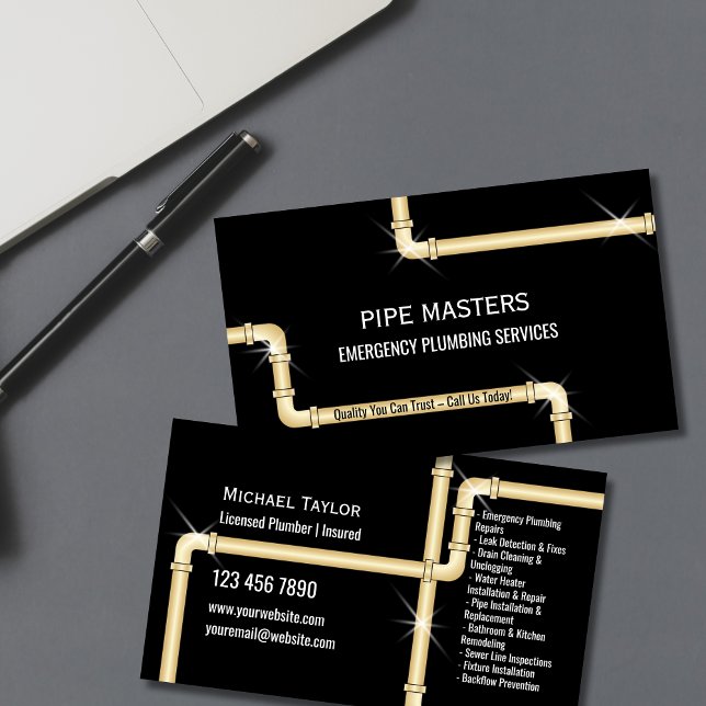 Berufliche Handyman Klempnerrohre Visitenkarte (plumbing pipes in gold color on the black background business cards)