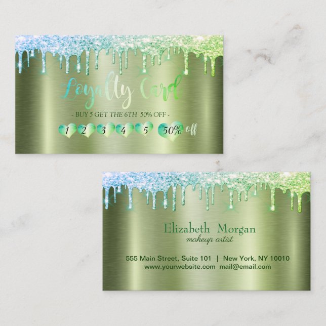 Berufliche Herzen, Glitzer Tropfen Grüne Metallik Treuekarte (Vorne/Hinten)