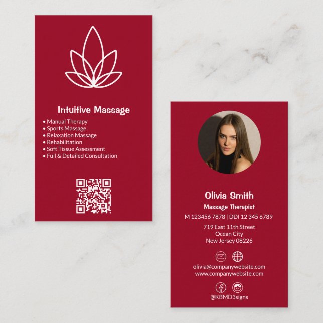 Berufliche Red Massage Business Card Logo und Foto Treuekarte (Vorne/Hinten)