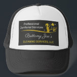 Berufliche Reinigung/Janitorial Housekeeping Serv Truckerkappe<br><div class="desc">Mehr Publizität mit diesen zweiseitigen beruflichen LKW-Hüten (Vorlage) für Hausreinigung,  Hausreinigung oder Hausmeisteramt (Hausmeisteramt). Diese Hüte sind mit weißem und goldfarbenem Text und einem goldenen (Imitat-)Glitzer gestaltet. Passen Sie die Hüte an,  indem Sie Elemente zum Anzug Ihrer Firmenmarke hinzufügen oder entfernen.</div>