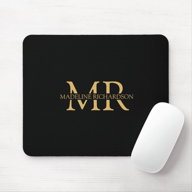 Berufliche Schwarz-Gold-Monogramm-Namenseingaben Mousepad (Mit Mouse)