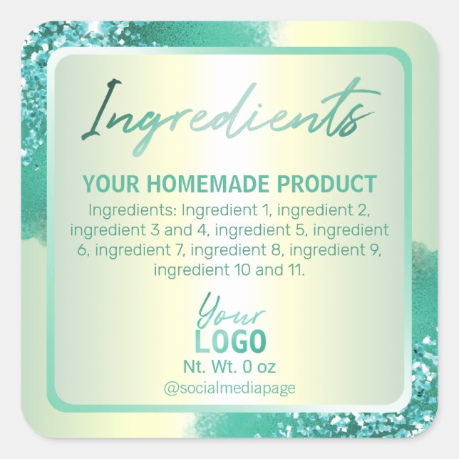 Beruflicher Aquamariner Glitzer Ingredients Quadratischer Aufkleber (Vorderseite)