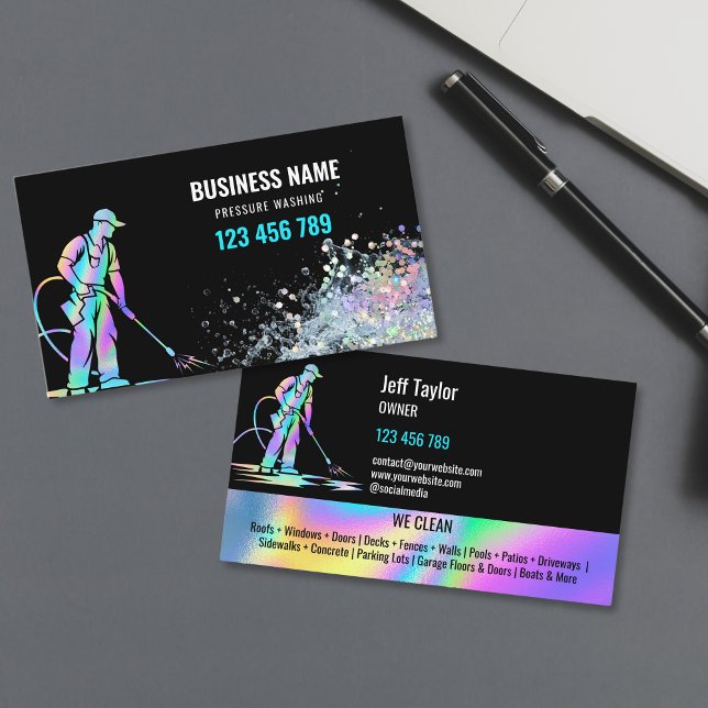 Beruflicher Druck Power Dachdecker Waschen Visitenkarte (holographic foil power washer with water splash business cards)