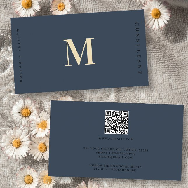 Beruflicher Elegant Blue Gold Monogram QR Code Visitenkarte (Professional Elegant Blue Gold Monogram QR Code Business Card)