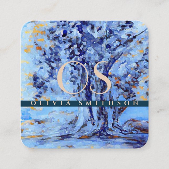 Beruflicher künstlerischer Baum Mit Monogramm QR Quadratische Visitenkarte (Vorderseite)