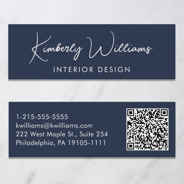 Beruflicher, moderner Script QR Code Blau Mini Visitenkarte (Von Creator hochgeladen)
