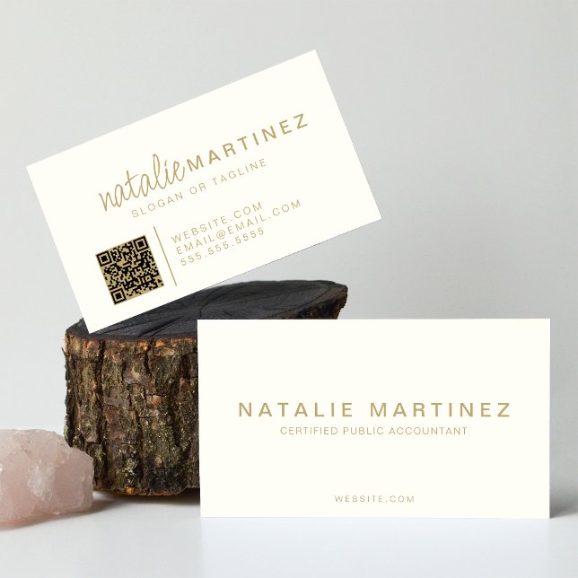 Beruflicher QR Code Elegante Cream und Gold Script Visitenkarte (Von Creator hochgeladen)