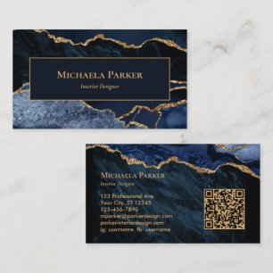 Beruflicher QR-Code für Navy Blue Gold Agate Visitenkarte