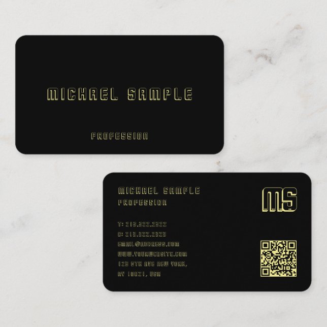 Beruflicher QR-Code Monogram Elegant Black & Gold Visitenkarte (Vorne/Hinten)