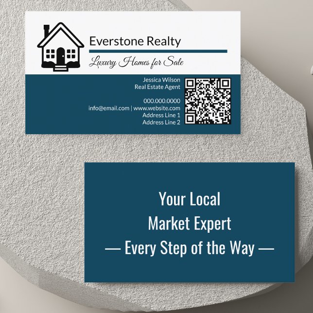 Beruflicher QR-Code Real Anwesen Visitenkarte (Modern real estate business card with home logo, QR code, custom details & catchy back hook design.)