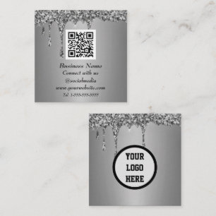 Beruflicher QR-Code Scannable Silver Glitzer Tropf Quadratische Visitenkarte