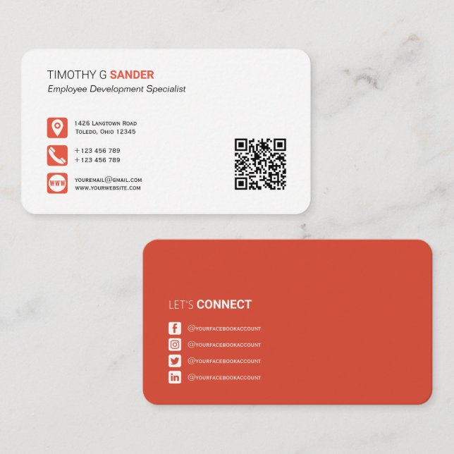 Beruflicher QR-Code Social Media Network orange B Visitenkarte (Vorne/Hinten)