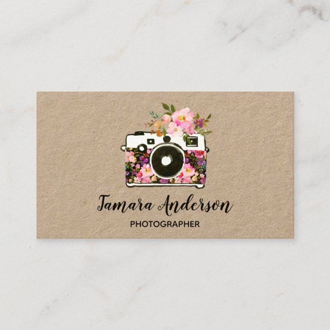 Beruflicher rosa Blumenkamera-Fotograf Kraftpapier Visitenkarte (Vorderseite)