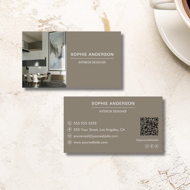 Berufliches benutzerdefiniertes Foto QR Designer T Visitenkarte (Professional Custom Photo QR Designer Taupe Business Card)