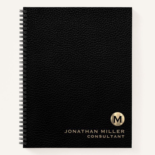 Berufliches Black Leather Gold Monogramm Notizbuch (Vorderseite)