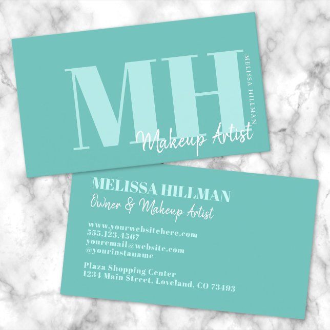 Berufliches einfaches Monogramm Visitenkarte (Professional Simple Modern Teal Blue Monogram Business Card)