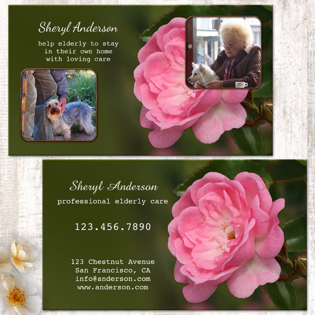 Berufliches Foto für die Betreuung älterer Mensche Visitenkarte (Professional elderly or senior citizen care business card showing two photos on green - pink flower)