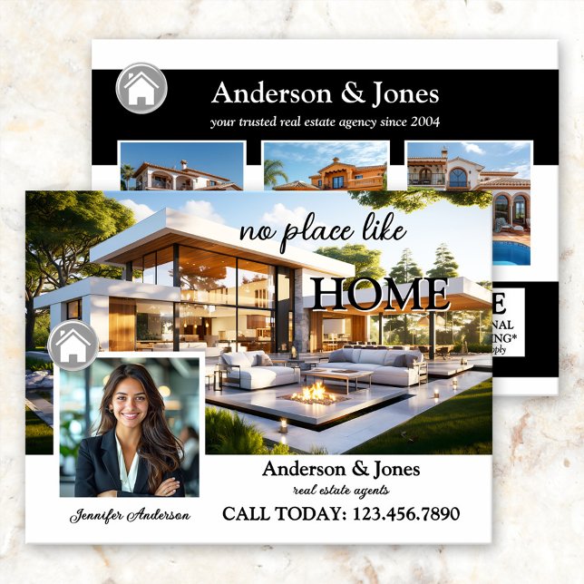 Berufliches Foto Schwarz/Weiß Real Anwesen Postkarte (Real Estate marketing postcard featuring your custom photos on a black and white lay-out)