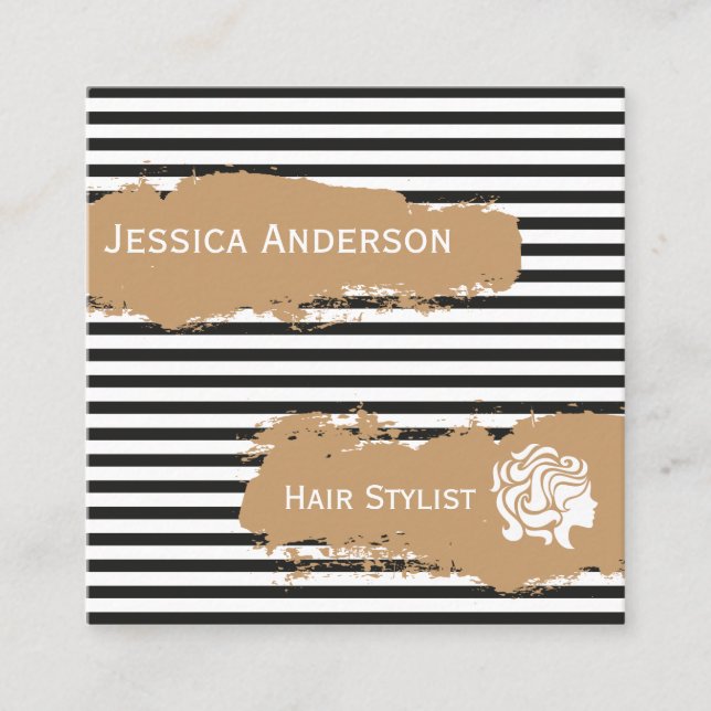 Berufliches Haar-Stylist-GoldSchwarz-weißes Quadratische Visitenkarte (Vorderseite)