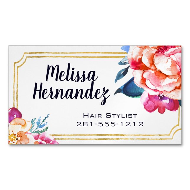 Berufliches Hairstylist-Haar-rosa Mit Blumenblau Magnetische Visitenkarte (Vorderseite)