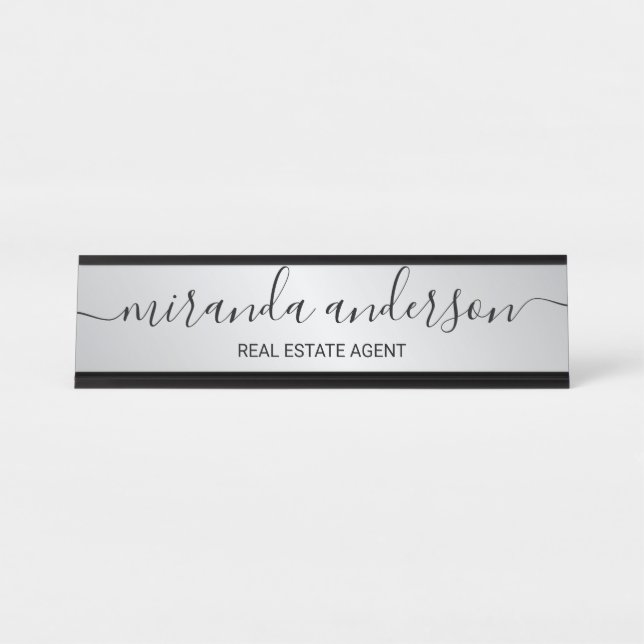Berufliches, modernes Script Schwarz und Silber Schreibtischnamensplakette (Vorderseite )