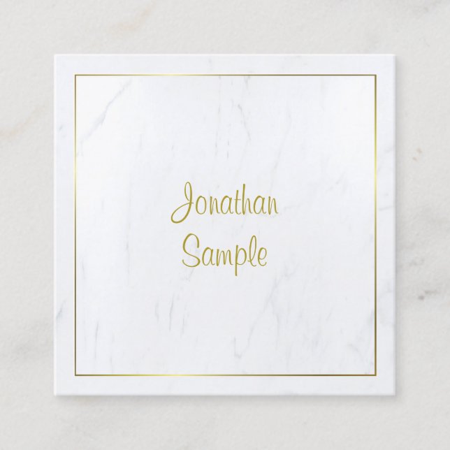 Berufliches, modernes White Marble Gold Script Lux Quadratische Visitenkarte (Vorderseite)
