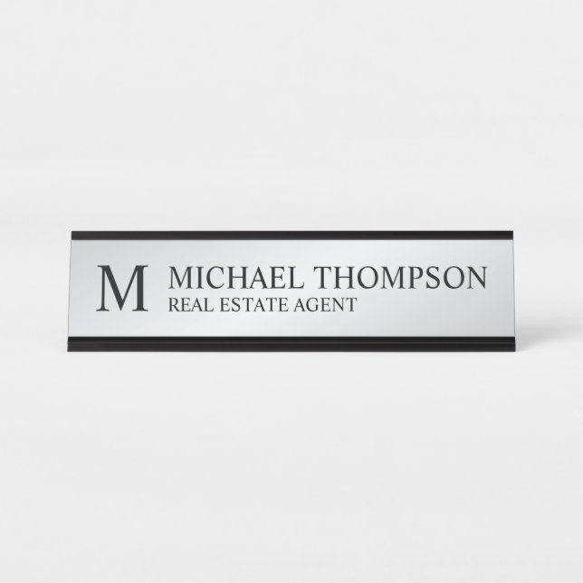 Berufliches Monogramm Schwarz und Silber Schreibtischnamensplakette (Vorderseite )