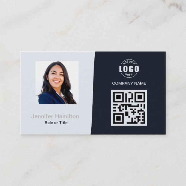 Berufliches QRCode Foto Navy Blue Gray Visitenkarte (Vorderseite)