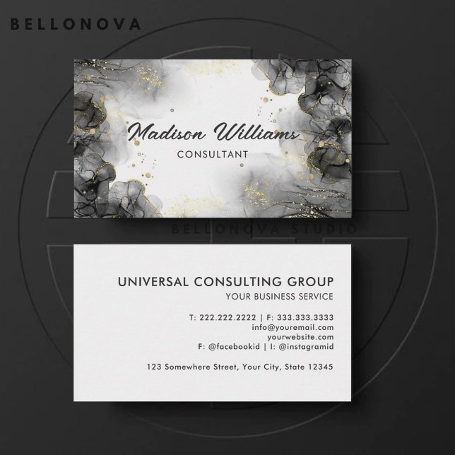 Berufliches Schwarz-Weiß-Grau Visitenkarte (Customizable Black Gold White Grey Professional Business Card)