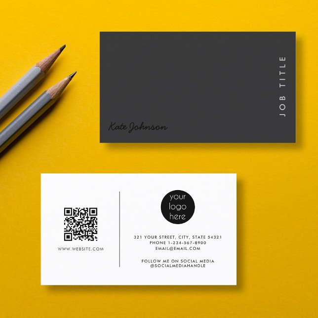 Berufliches Script Minimalistischer QR-Code Visitenkarte (Professional Script Black Minimalist QR Code Logo Business Card)