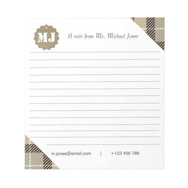 Berufliches stylisches Monogram Script Tartan Line Notizblock (Vorderseite)