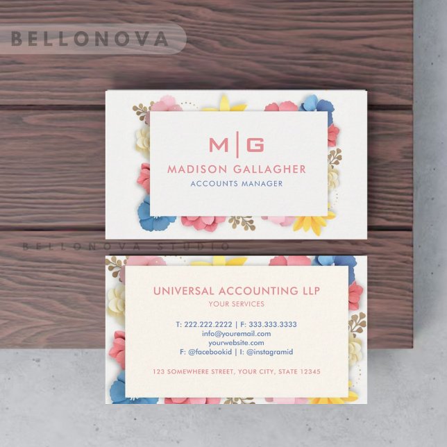 Berufliches, weißes Rosa mit Blütenfarbe Visitenkarte (Custom White Pink Colorful Floral Professional Business Card)