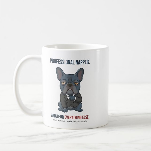 Berufsschläfer Lustiger blauer französischer Bulld Kaffeetasse (Links)