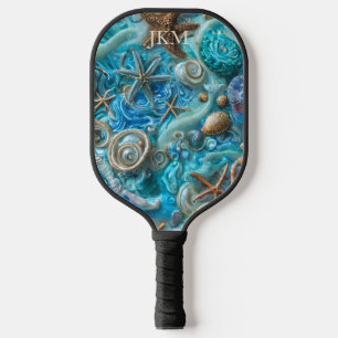 Beruhigender Aqua Sand, Surf und Starfish Monogram Pickleball Schläger
