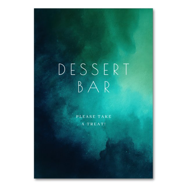 Beruhigendes Teal-Wasserfarben-Dessert-Bar-Schild Tischnummer (Vorderseite)