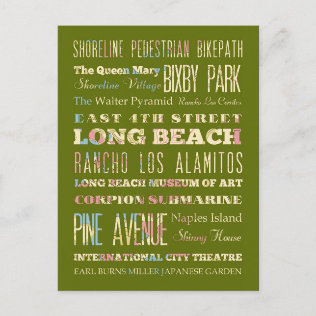 Berühmte Orte von Long Beach, Kalifornien. Postkarte (Vorderseite)