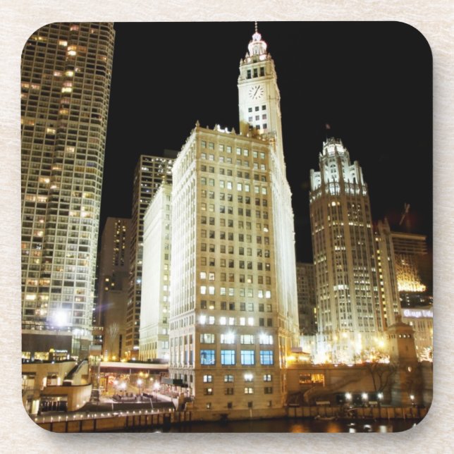 Berühmte Sehenswürdigkeit Chicagos nachts Getränkeuntersetzer (Vorderseite)