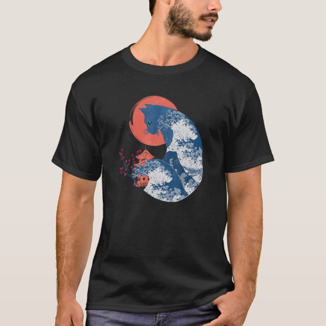 Berühmtes Great Wave Kanagawa Ukiyoe Neko Kaiju Wh T-Shirt (Vorderseite)