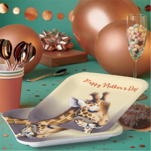 Berührungsmoment zwischen Mutter Giraffe und Kalb Pappteller